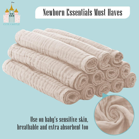 Cute Castle 24 Pack 100% 20'' 10'' Muslin Burp Cloths for Baby - Ultra-Soft Cotton Baby Washcloths - Large by Super