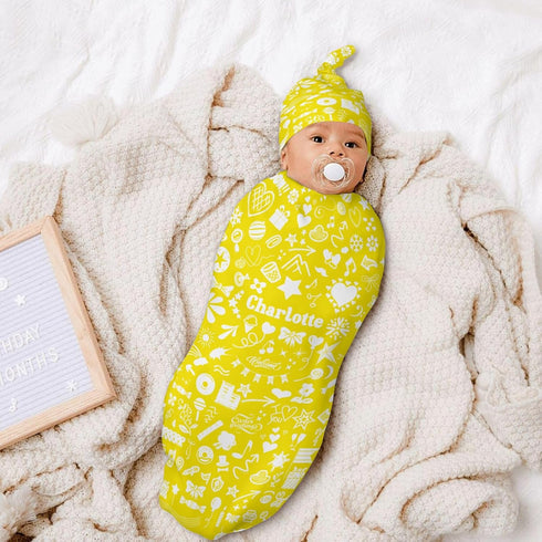 YallLocoMo Personalized Baby Swaddle Blanket for Boys Girls Yellow Bow Heart Rainbow Star Custom Name Receiving Blanket