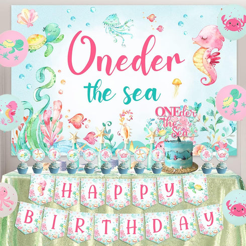 1st Oneder the Sea Birthday Girl Decorations, Under the Sea Ocean Animal Happy Birthday Backdrop Banner High Chair