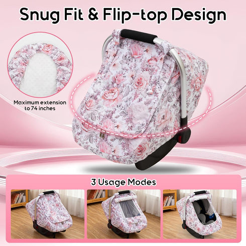 Car Seat Cover Baby Girls, Mink Dot Carseat Covers for Newborn with Breathable Mesh and Sun Shade Window, Warm Stretchy