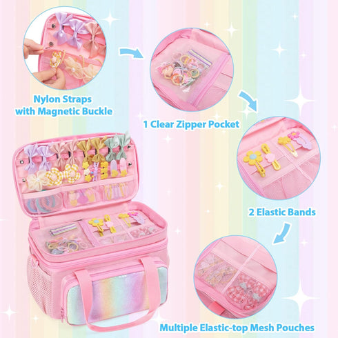 GRAOSO Hair Bow Organizer for Baby Girls, Double Layer Hair Accessories Storage Bag, Rainbow Sequins Design