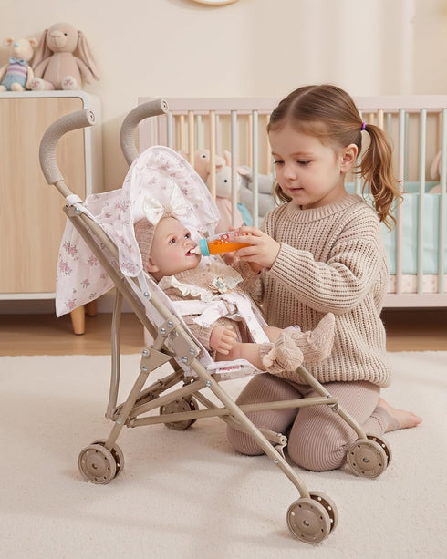 12-15 Inch 5 Set, 3+ BABESIDE One-Touch Baby Doll Stroller Sturdy & Durable for Dolls, Includes Pcs Accessories