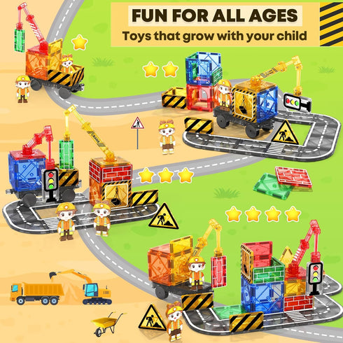 Kids Games Magnetic Tiles with 2 Cranes Construction Toys Set for Boys Girls Ages 3-13, Outdoor Sensory Toys