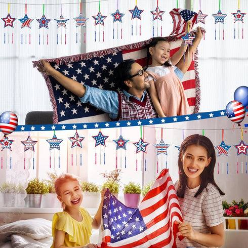 Sheroll 30 Pack 4th of July Wind Chime Kit for Kids, DIY Craft for Patriotic Star Wooden Decorations