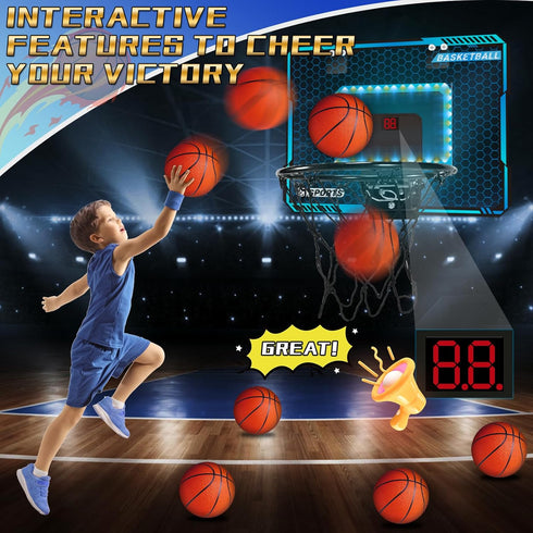 Indoor Basketball Hoop with LED Lights, Mini Basketball Toys for Kids 5-10+ Years, Over The Door with Scoreboard