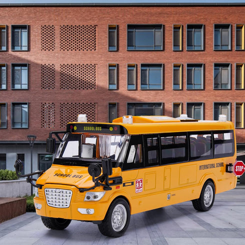 Die Cast School Bus Toy 9'' Model Cars with Lights & Sounds, Openable Doors, Large Yellow Metal Vehicle for Kids