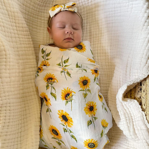 LifeTree Baby Muslin Swaddle Blankets for Boys & Girls, Newborn Swaddle Set with Matching Headband Bow, Neutral Infant Blanket Wrap, 47 x 47 inches, Sunflowers, 70% Viscose from Bamboo and 30% Cotton by LifeTree