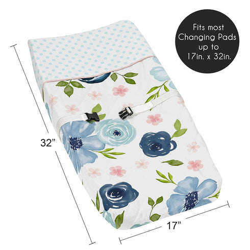 Sweet Jojo Designs Navy Blue and Pink Watercolor Floral Girl Baby Nursery Changing Pad Cover - Blush, Green and White
