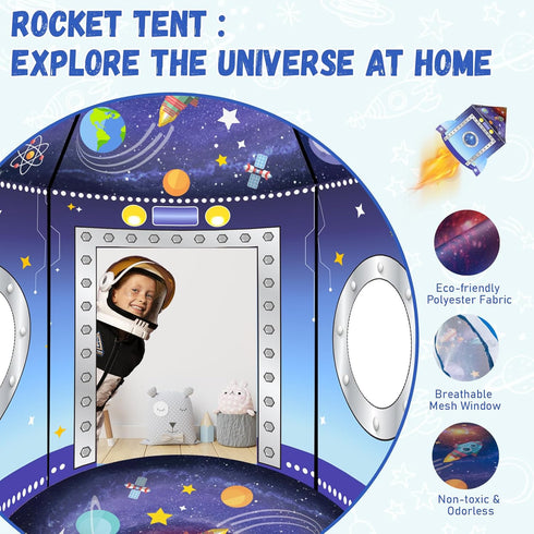 3 1 Set in Rocket Ship Play Tent with Tunnel Ball Pit for Kids Space Themed Pop Up Playhouse Indoor Outdoor Astronaut