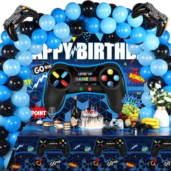 Video Game Birthday Party Decorations Set, Includes Backdrop, Table Covers, Balloons, and Foil Gamer Balloons