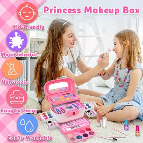 Hollyhi 58 Pcs Kids Makeup Kit for Girls, Real Washable Cosmetic Set with Mirror, Pink Birthday Gifts for Ages 3-12
