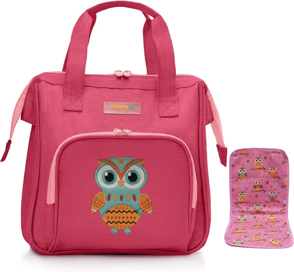 HappyVk Baby Doll Diaper Bag with Doll Changing Pad - Handbag for Girls, Owl Embroidery