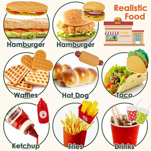 BUYGER Fast Food Play Food Toys for Kids, Toddler Kitchen Accessories Playset, Plastic Toy Food Sets for Pretend Play