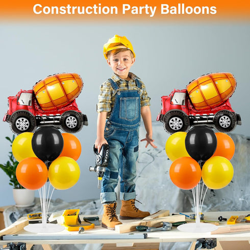 2 Sets 2 Construction Party Balloons Stand Kit with Construction Truck Foil Balloons Black Orange Yellow Party Balloon