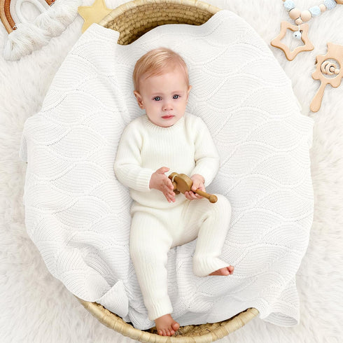 40x31 Inches Thick Cotton Knit Baby Blanket Soft Breathable Newborn Blanket for Boys & Girls, Wavy Pattern Receiving