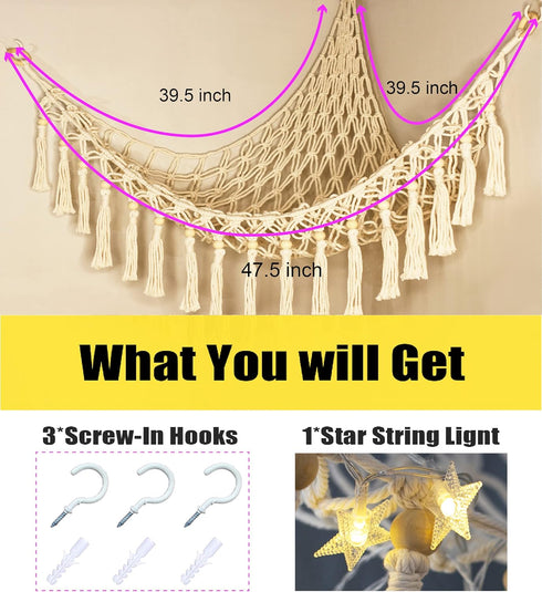 Stuffed Animal Toy Storage Hammock with LED Light, Macrame Jumbo Doll Corner Organizer for Kids Baby Nursery Decor
