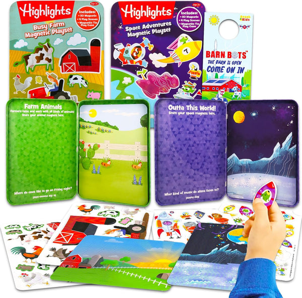 Highlights Activity Box Magnetic Play Scene Set - Bundle with 2 Create A Scene Tins Featuring Outer Space and Farm