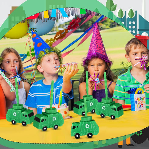 Tanlade Truck Birthday Party Favor Gifts, 10 oz Plastic Garbage Truck Shape Cup with Straws, 24 Sets