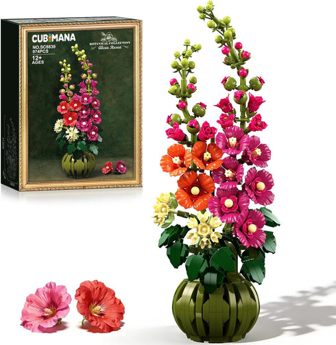 CUBIMANA Flowers Botanicals Alcea Rosea Building Set for Adults - Artificial Bonsai
