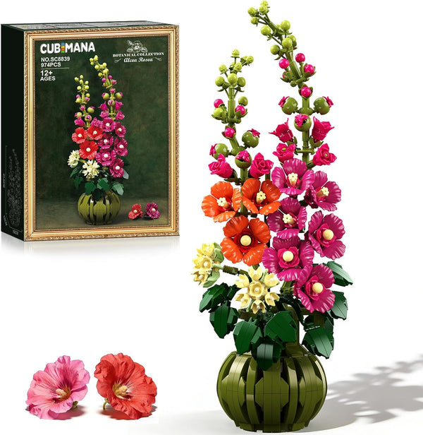 CUBIMANA Flowers Botanicals Alcea Rosea Building Set for Adults - Artificial Bonsai