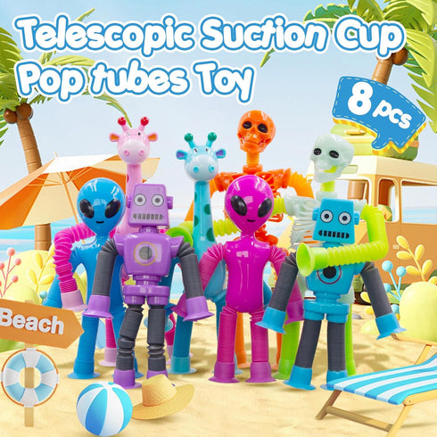 8Pack (8 Pack Pop Tubes Skeleton Fidget Toys for Kids, Robot Fidget Pop Toys Telescopic Suction Cup Toy for Stress