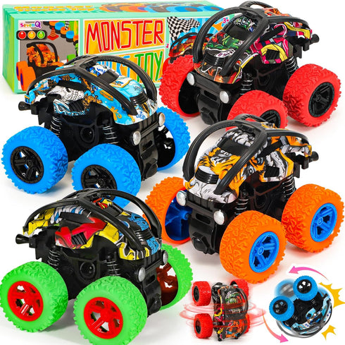 Monster Truck Toys for Boys, 4 Pack Push and Go Flip Stunt Pull Back Cars, Race Cars Party Favors, Birthday Gifts