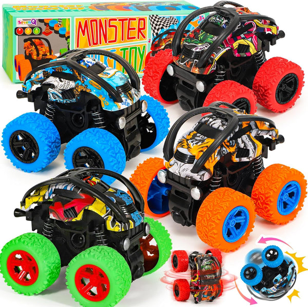 Monster Truck Toys for Boys, 4 Pack Push and Go Flip Stunt Pull Back Cars, Race Cars Party Favors, Birthday Gifts