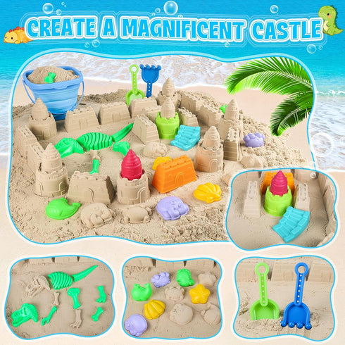 ERHAICAT Summer 3-10 Beach Toys, Dinosaur Sand Toys for Kids Toddlers with Collapsible Bucket, Sand Castle Building