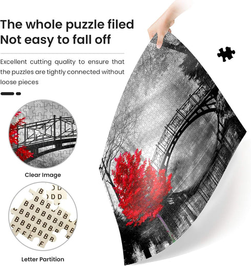 najiaxiaowu Adult Classic Jigsaw Puzzle, 1000 Pieces Wooden DIY Black and White Bridge & Red Tree Home Decor, 75x50cm