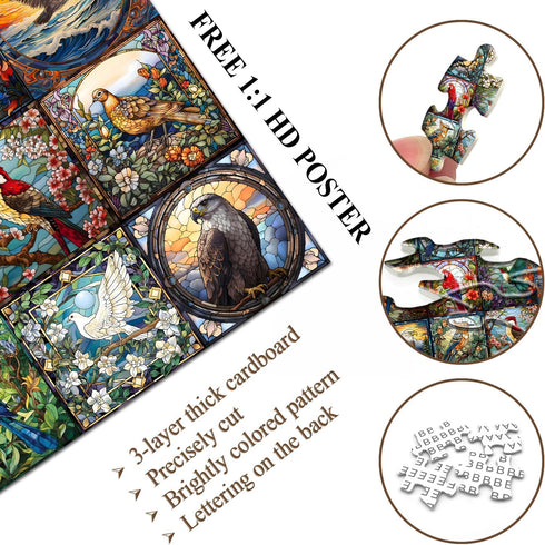 Stained Glass Puzzles for Adults 1000 Pieces - Bird Puzzles with Cardinal Parrot Hummingbird, Challenging Jigsaw
