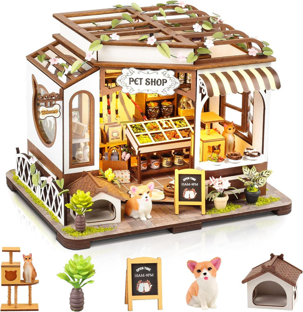 DIY Miniature House Kit, Tiny Pet Shop with Furniture & LED, 3D Dollhouse Building Kit for Adults and Teens