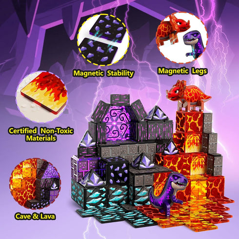 Set 3-5 5-7 4-6 6-8, 3+ GobiDex Dinosaur Toys Magnetic Tiles Lava Cave Dinosaur World - Magnetic Building Blocks