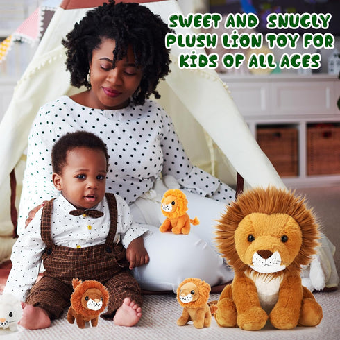 Honoson 5 Pcs Large Lion Plush Set with 4 Cute Baby Lions in Zippered Back, Soft Cuddly Plushie, 14 Inch