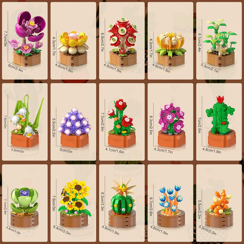 15 Pack Set 1314PCS 3.6MM 10+ CUBIMANA Flowers Plants Mini Building - Flower Succulents Botanical Collection Block Toy