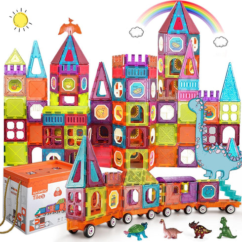 Magnetic Tiles Building Blocks with 4 Cars Magnet Train Set - STEM Toy for Kids, Educational Creativity