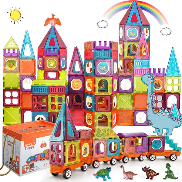 Magnetic Tiles Building Blocks with 4 Cars Magnet Train Set - STEM Toy for Kids, Educational Creativity