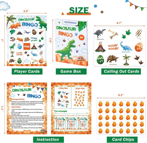 WERNNSAI Watercolor Dinosaur Bingo Party Games - 24 Players Dino Birthday Bingo Cards Set for Kids Boys Dinosaur Themed Activities for School Classroom Family Holiday