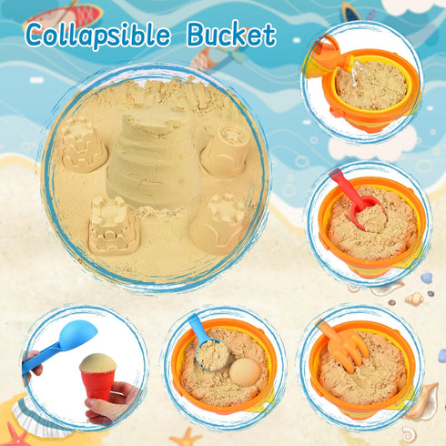 Beach Toys Set for Kids, Collapsible Sand Bucket and Shovels with Watering Can, Mesh Bag, Ice Cream & Animal Sand