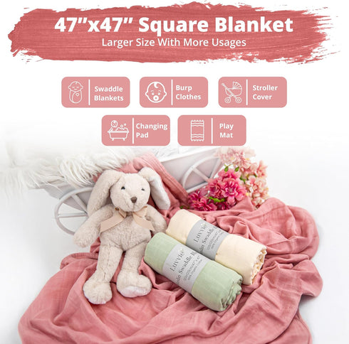 100% 3-Pack, 47 47 inches Organic Muslin Swaddle Blankets, Organic Cotton, Baby Wrap for Boys and Girls, Soft