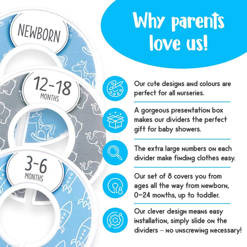 Baby Closet Dividers (Baby Blue) by Eli with Love – Set of 8 Size Dividers for Boys’ Nursery Closet