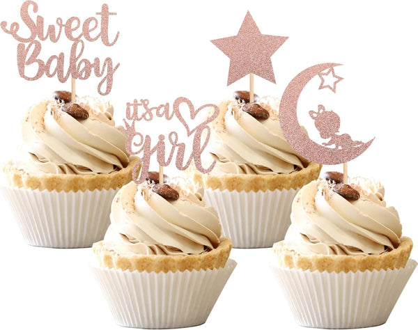 36 PCS Baby Shower Girl Cupcake Toppers, Moon Glitter Star It's a Girl Sweet Baby Gender Reveal Picks, Rose Gold