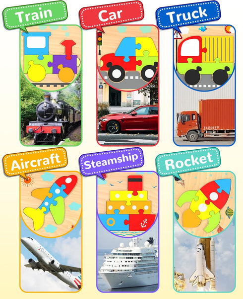 Wooden Toddler Puzzles for 1-3 Years Old, 6 Vehicle Shape Montessori Educational Blocks for Kids Gifts