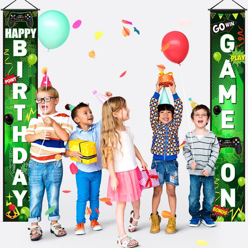 Blulu Game On Birthday Banner, Video Game Party Decorations, Happy Backdrop for Gamer Party Background