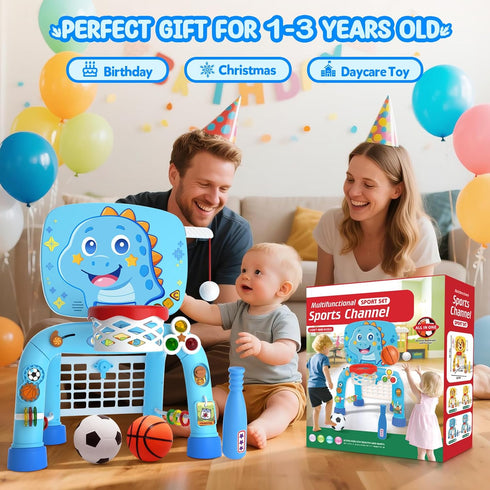 1 12-18 Toys for Year Old Boy - Toddler Basketball Hoop & Soccer Goal & Baseball Activity Center with Light Sound