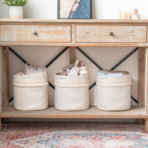 Closet 11"x11" Mkono Macrame Decorative Cotton Rope Basket Boho Nursery Decor Small Cute Woven Tassel Storage Bins