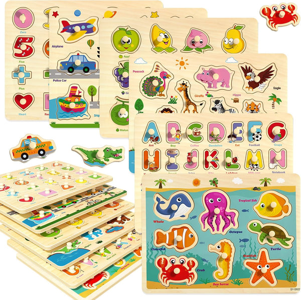 Wooden Peg Puzzles for Toddlers 2-4, 6 Pack Educational Peg Puzzles Montessori