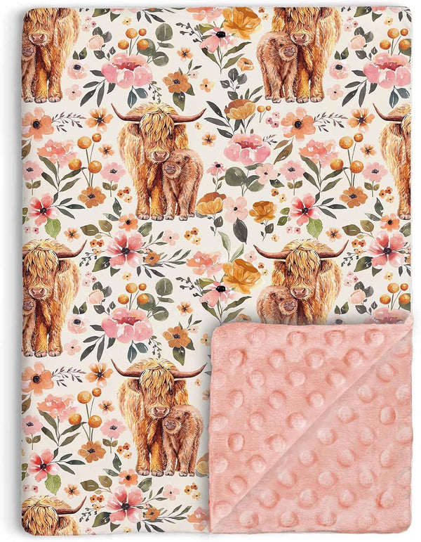 Highland Cow Baby Blanket, Boho Floral Farmhouse Minky Blanket, Double Layer Dotted Backing, 30"x40" for Nursery