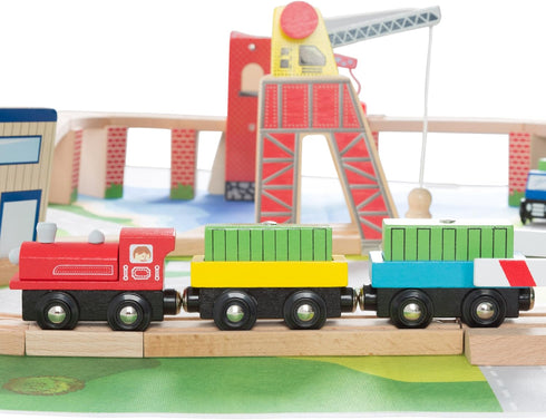 Set 75-Pieces Wooden Train with Play Mat for Kids - Including Deluxe Wood Tracks, Trains, Cars, Boats, and Accessories