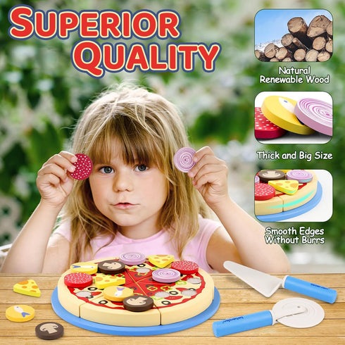 Wooden Pizza Toys for Kids - 24Pcs Cutting Toy Pizza Play Food Set for 3-5 Year Old Toddlers
