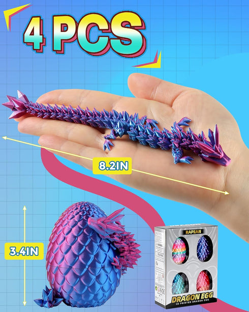 8" 3D (4 Pack) Rapean Printed Dragon Eggs, Easter Basket Stuffers for Kids and Teens, Unique Easter Toys & Decor